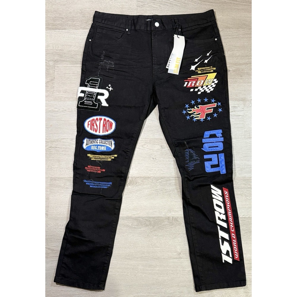 First Row Downtown La Racing Slim Fit Jeans Men's Size 38x32 Black Patchwork NWT